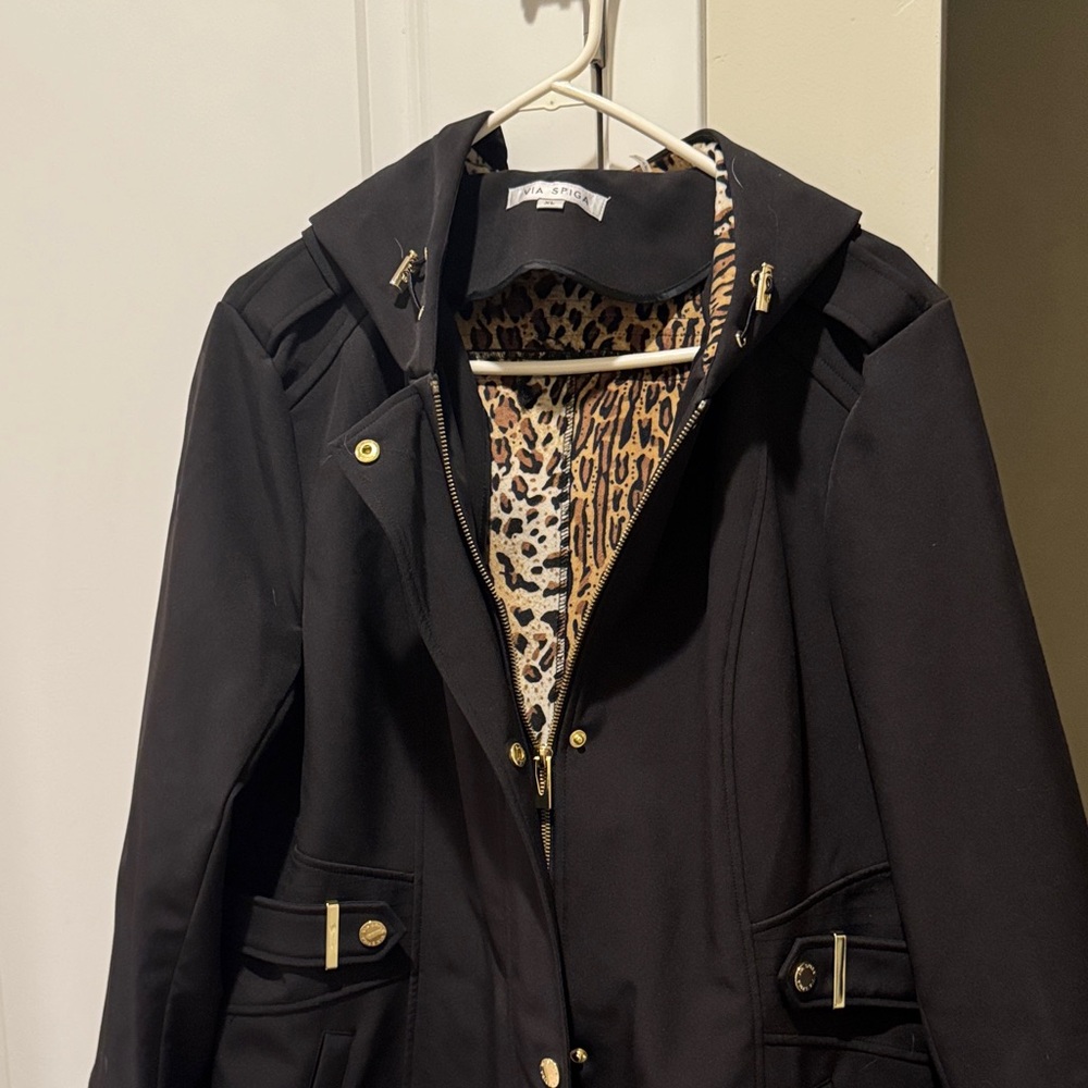 Via Spiga Black Trench Coat with Gold Accents and Animal print velvet lining